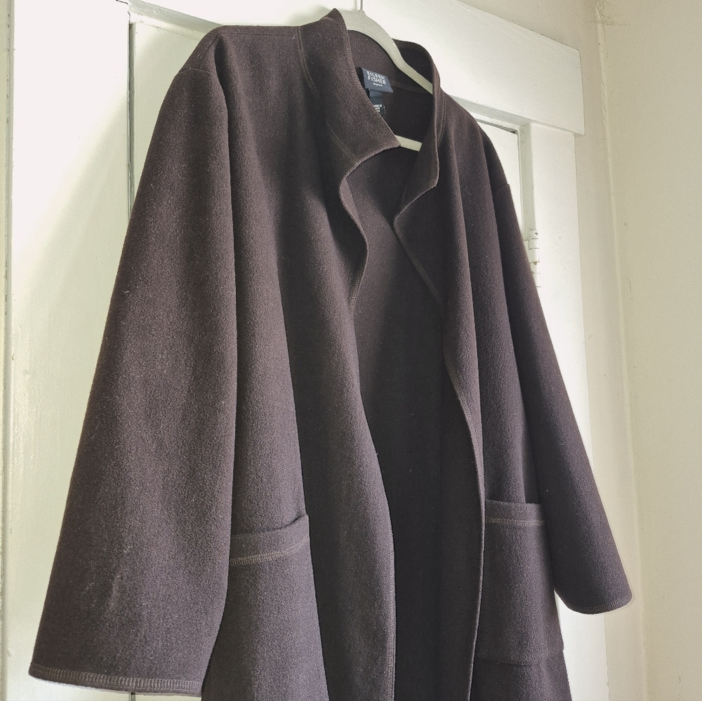 Eileen Fisher Dark Brown Mock Neck knee-length, relaxed fit wool coat, 1X - Picture 5 of 14